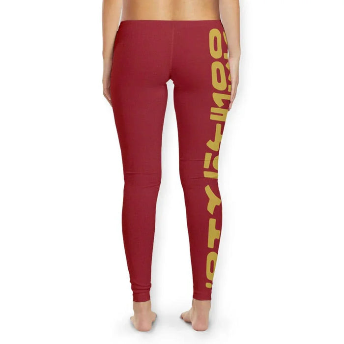 Kim Jong Trill Women's Leggings - The squatting tracksuit-clad figure flanked by ballistic missiles set against the specific deep oxblood (#681820) background, contrasted by mustard gold (#C49826) faux Hangul text
