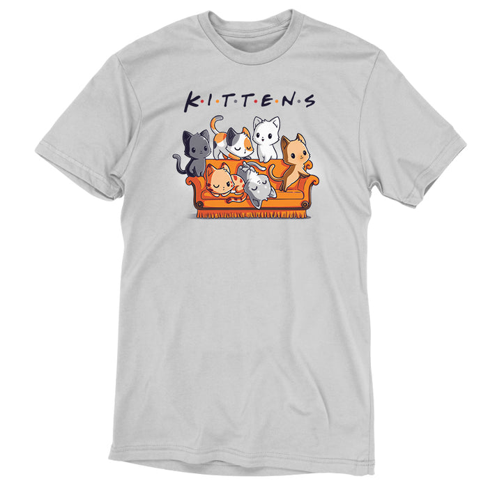Premium Cotton T-shirt_TeeTurtle Kittens silver gray t-shirt featuring six kittens in various colors and patterns sitting and lying on an orange couch with the word "Kittens" spelled out above them.