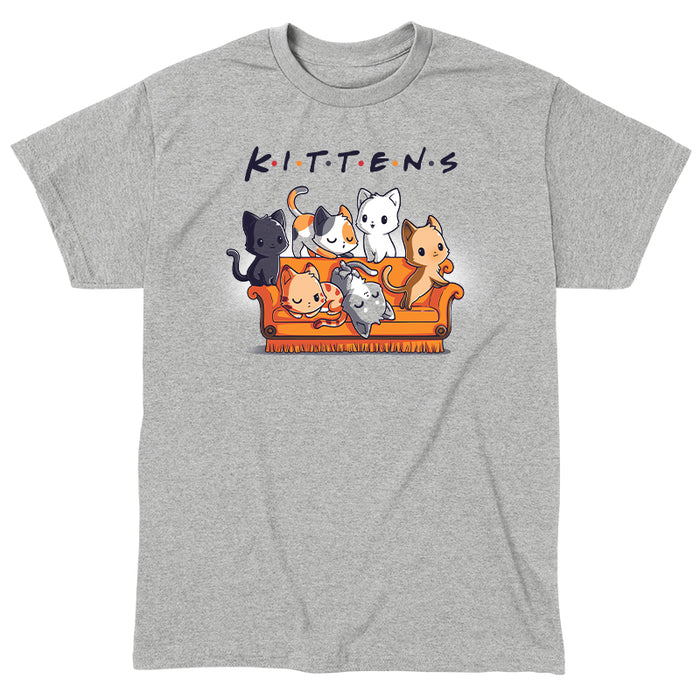Classic Cotton T-shirt_TeeTurtle Kittens heather gray t-shirt featuring six kittens in various colors and patterns sitting and lying on an orange couch with the word "Kittens" spelled out above them.