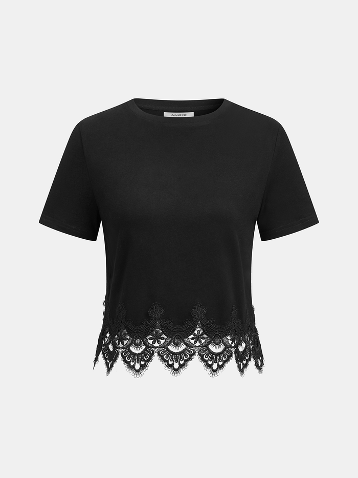 Lace Trim Short-Sleeve Crop Top