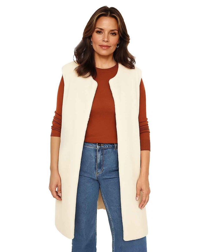 Ladies Fully Lined Faux Fur Gilet - Cream - The Classic Boutique