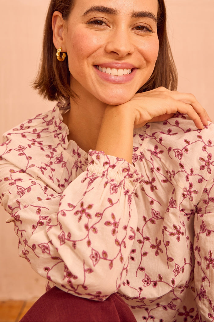 Lauren Embroidered Blouse | Cream/Mauve - Aspiga