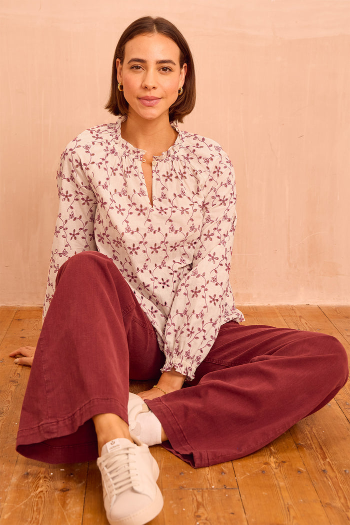 Lauren Embroidered Blouse | Cream/Mauve - Aspiga