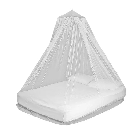 White Lifesystems Bell Double Mosquito Net set up over a double bed on a white background