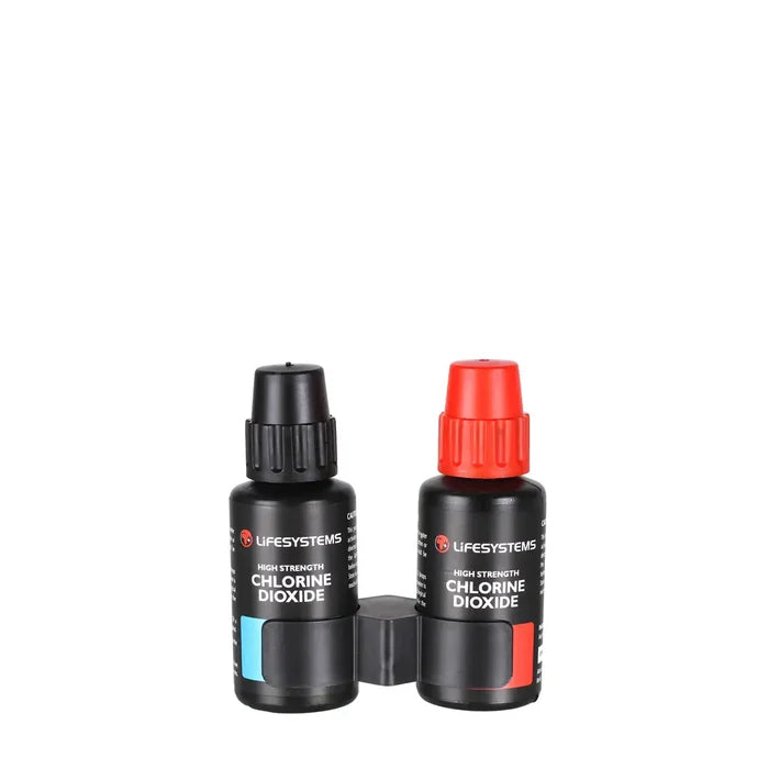 Lifesystems Chlorine Dioxide Water Purification Droplet bottles with the storage clip on a white background