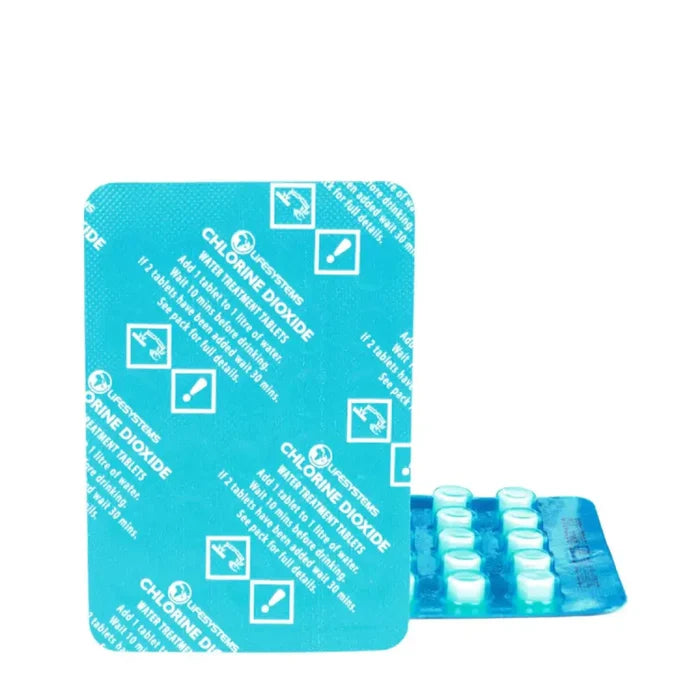 Lifesystems Chlorine Dioxide Water Purification Tablets in their blister pack on a white background