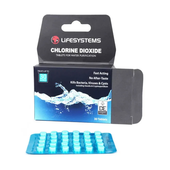 Lifesystems Chlorine Dioxide Water Purification Tablets contents and packaging on a white background