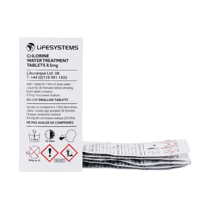 Lifesystems chlorine water treatment tablets shown in their foil packaging on a white background