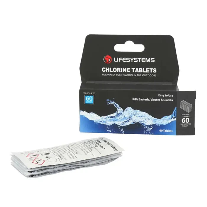 Lifesystems chlorine tablets packaging with individual tablet packs on a white background