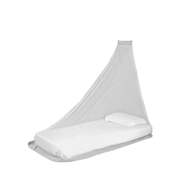 A single wedge-shaped Lifesystems Micro Mosquito Net with a white multi-filament polyester mesh and a white single bed inside, on a white background