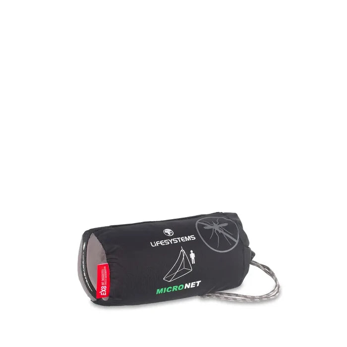 Lifesystems Micro Single Mosquito Net packed in its stuff sack on a white background