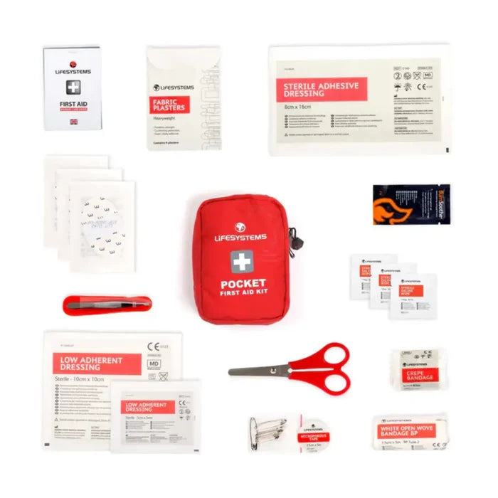 Lifesystems Pocket First Aid Kit contents on a white background