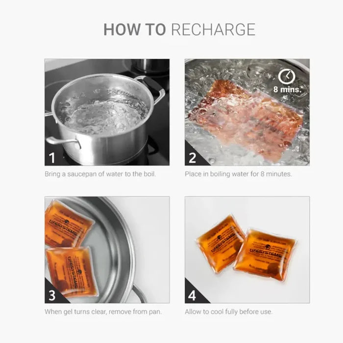 Instruction graphic titled 'HOW TO RECHARGE' showing four numbered steps: bringing water to a boil in a pot, placing Lifesystems reusable hand warmers into boiling water for 8 minutes, removing the hand warmers from the pan, and allowing them to cool before use.