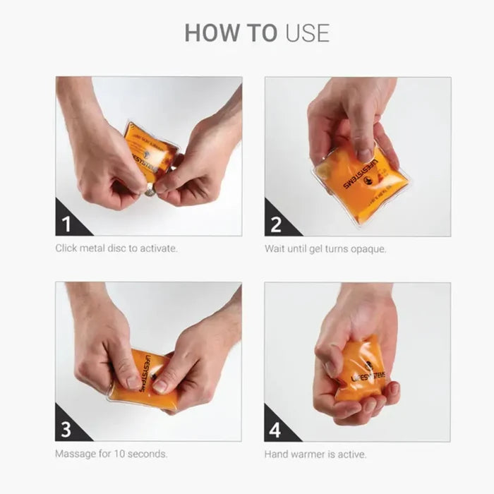 Instruction diagram showing how to use Lifesystems reusable hand warmers in four steps: activate with a metal disc, wait for the gel to turn opaque, massage for 10 seconds, and use as a hand warmer.