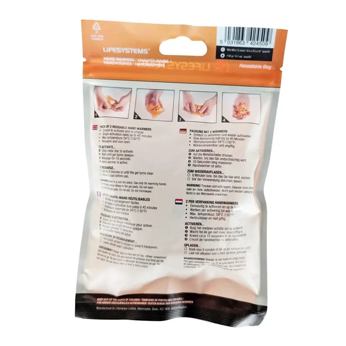 Lifesystems reusable hand warmers packaging back details on a white background