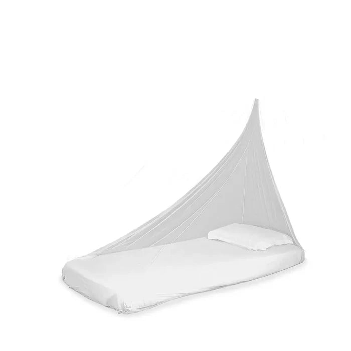Lifesystems Superlight Micro Single Mosquito Net set-up over a single bed on a white background