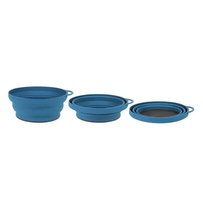 Lifeventure Ellipse collapsible bowl in colour navy showing the three stages of collapse
