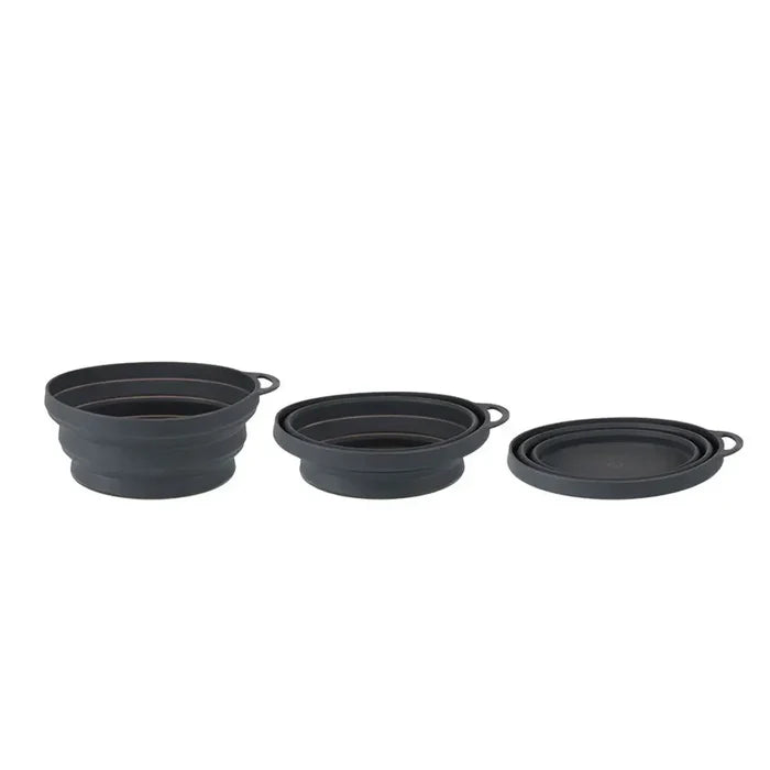 Lifeventure Ellipse collapsible bowl in colour graphite showing the three stages of collapse