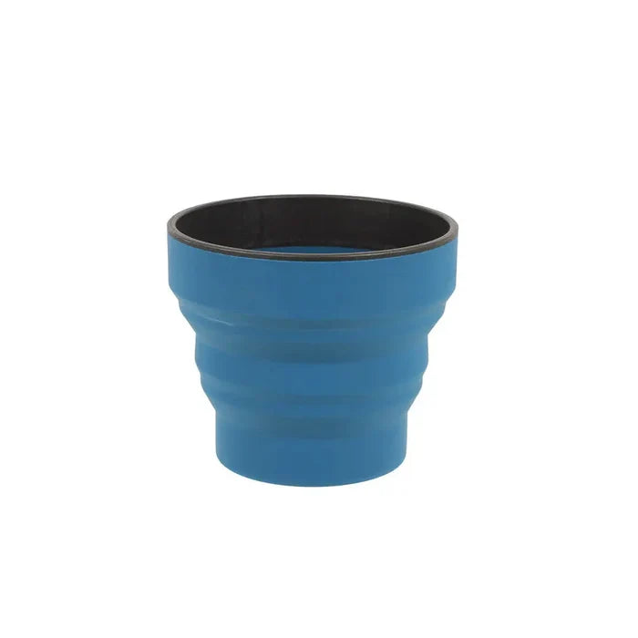 Lifeventure Ellipse collapsiblc cup in navy colour showing it extended to its fill height