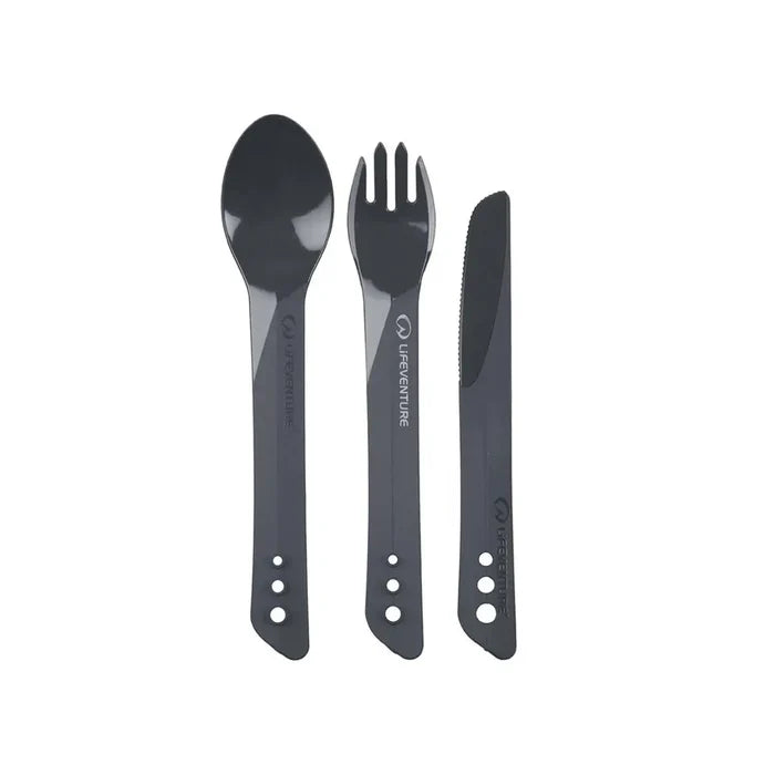 Lifeventure Ellipse plastic camping cutlery in graphite grey shown next to each other on a white background