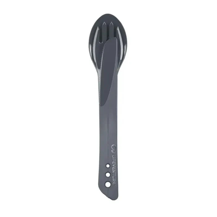 Lifeventure Ellipse plastic camping cutlery in graphite greynestled together on a white background