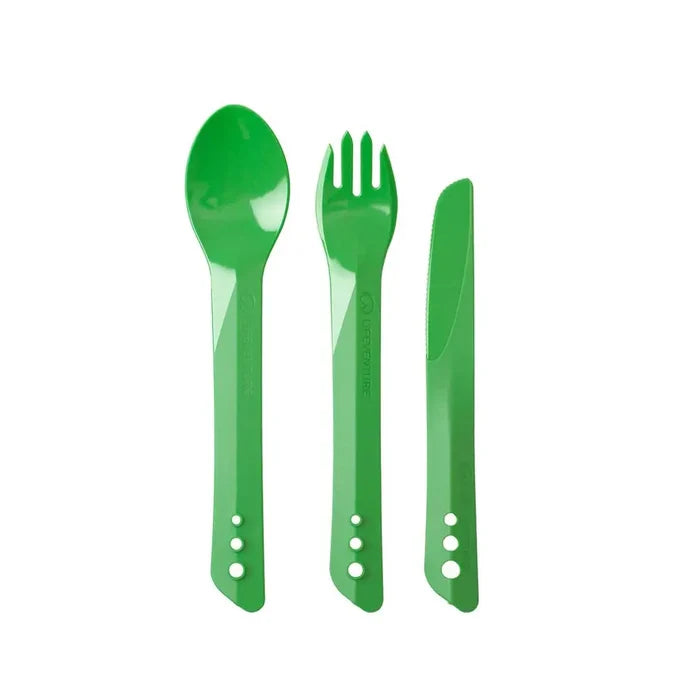 Lifeventure Ellipse plastic camping cutlery in green shown next to each other on a white background