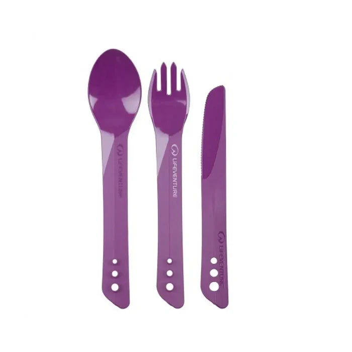 Lifeventure Ellipse plastic camping cutlery in purple shown next to each other on a white background