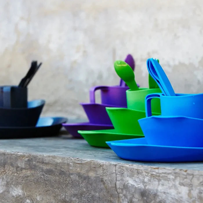 Lifeventure Ellipse plastic camping cutlery sets in variuos colours shown next to each other on a shelf