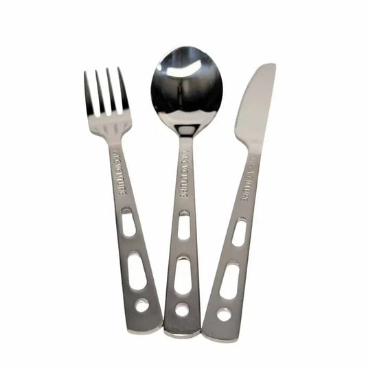Lifeventure Stainless steel camping cutlery set with fork, spoon, and knife spread out on a white background