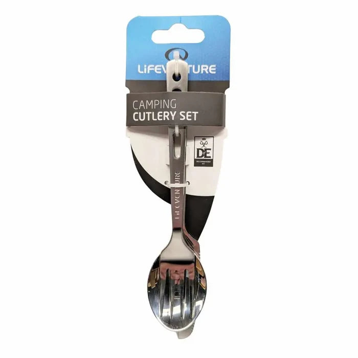 Lifeventure stainless steel camping cutlery shown in its packaging from the front on a white background