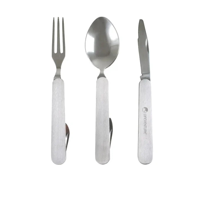 Front shot showing the opened-out Lifeventure stainless steel folding cutlery set