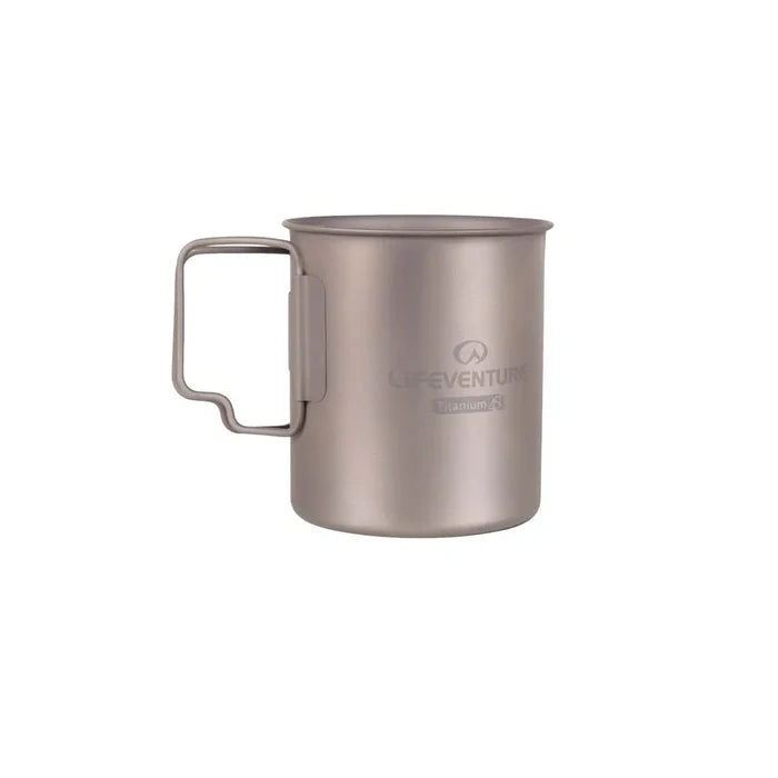 Lifeventure Titanium Camping Mugs 400ml shown from the side with the handles out on a white background