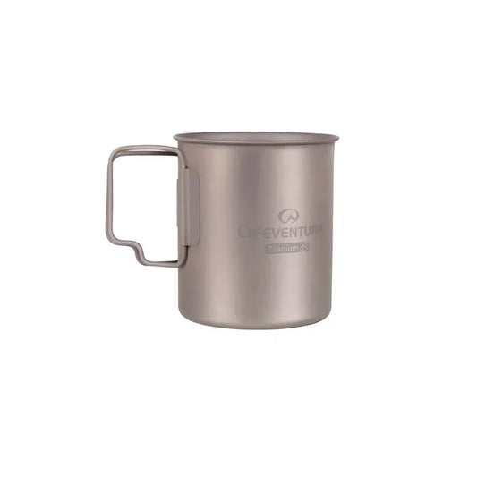 Lifeventure Titanium Camping Mugs 400ml shown from the side with the handles out on a white background