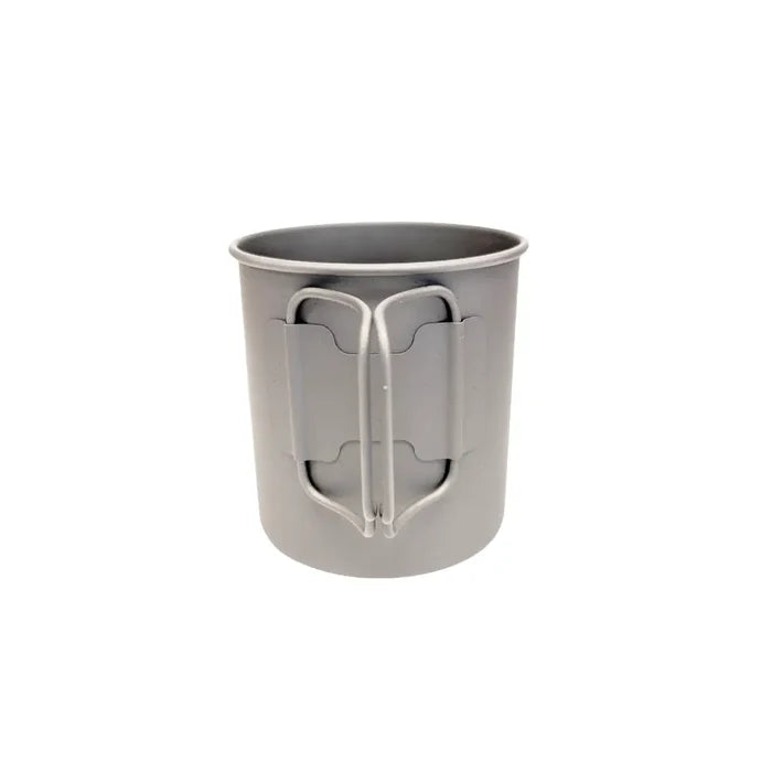 Lifeventure Titanium Camping Mugs 400ml shown from the rear with the handles out on a white background