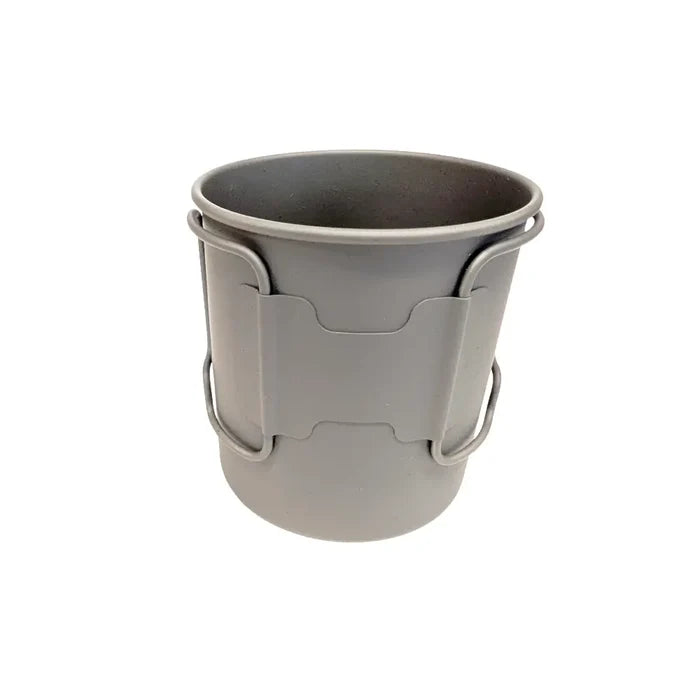 Lifeventure Titanium Camping Mugs 400ml shown from the rear with the handles closed against the sides on a  white background