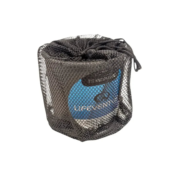 Lifeventure Titanium Camping Mugs 400ml packed in its mesh carry sack on a white background