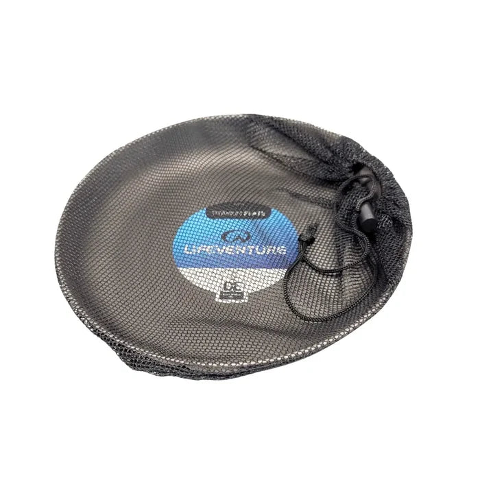Lifeventure Titanium Camping Plate shown within its mesh carry sack on a white background