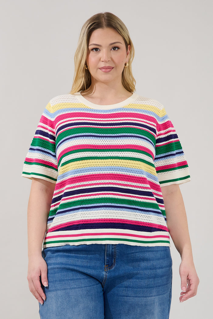 Linzia Stripe Crochet Sweater Top Curve