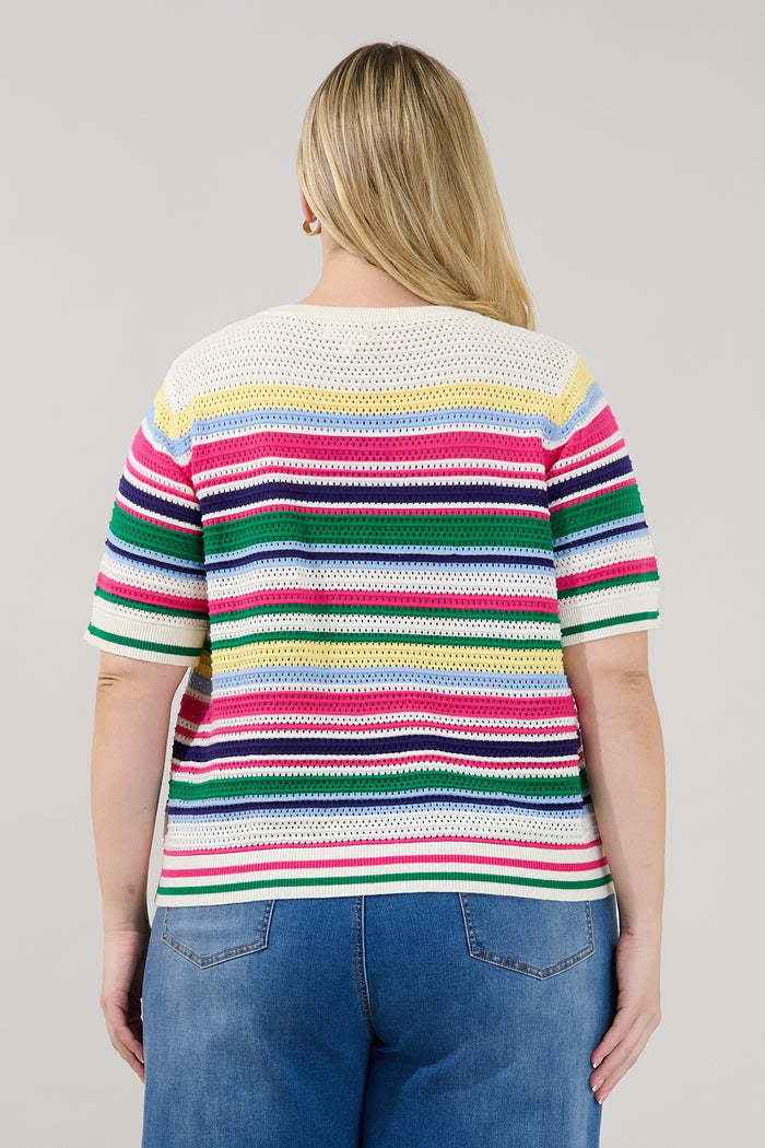Linzia Stripe Crochet Sweater Top Curve