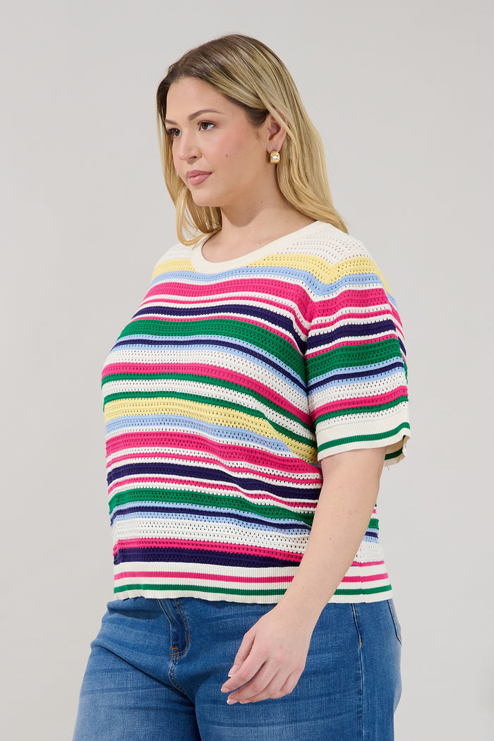 Linzia Stripe Crochet Sweater Top Curve