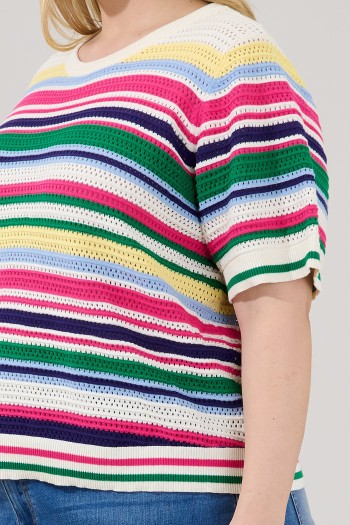 Linzia Stripe Crochet Sweater Top Curve