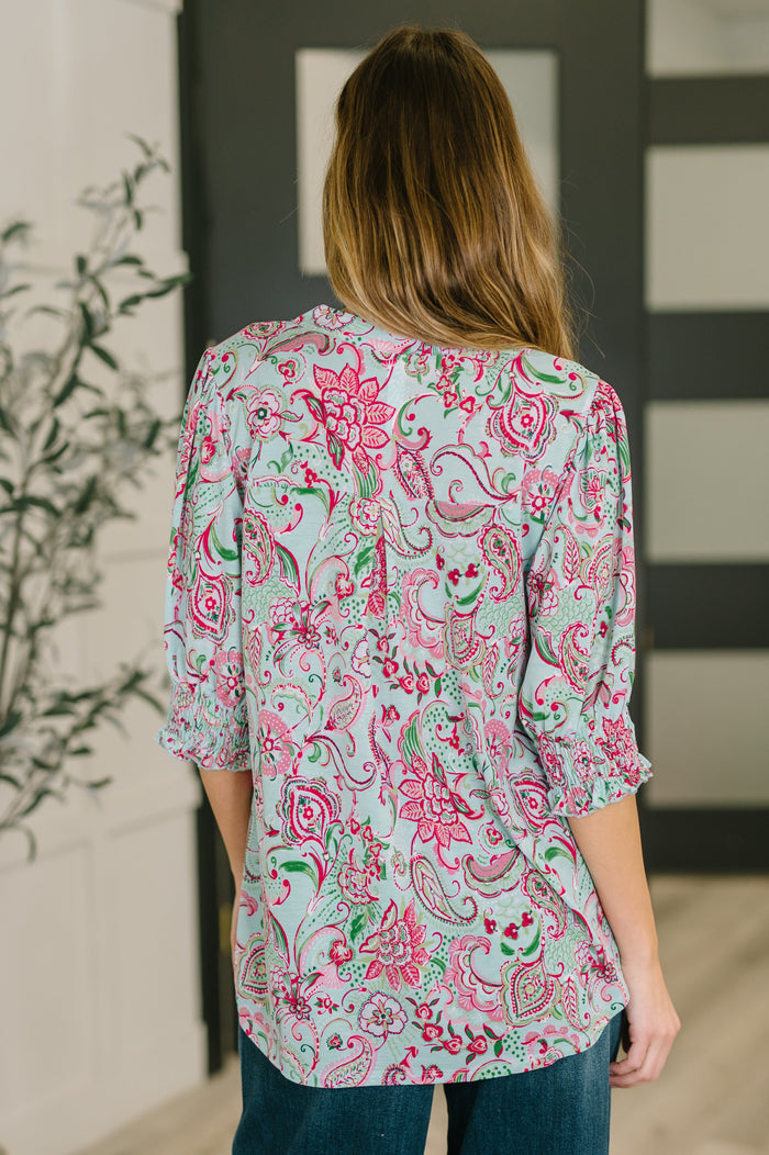 Lizzy Smock Top in Mint and Pink Floral Paisley by Dear Scarlett