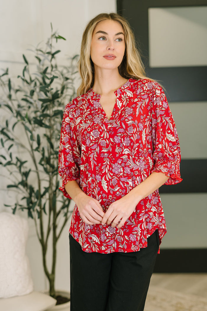 Lizzy Smock Top in Red and Pink Floral by Dear Scarlett