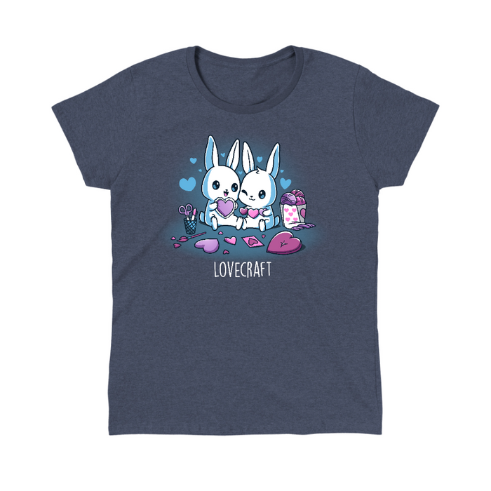 Classic Cotton T-shirt_TeeTurtle heather navy Lovecraft Bunnies Classic Cotton T-shirt featuring two bunnies doing love-themed crafts with hearts in the back and a caption that reads, "lovecraft".