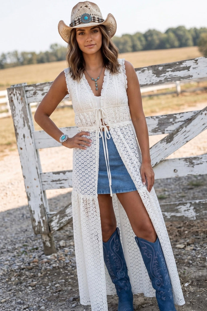 Lace crochet front tie duster. Country concerts, rodeos, festivals and summer events