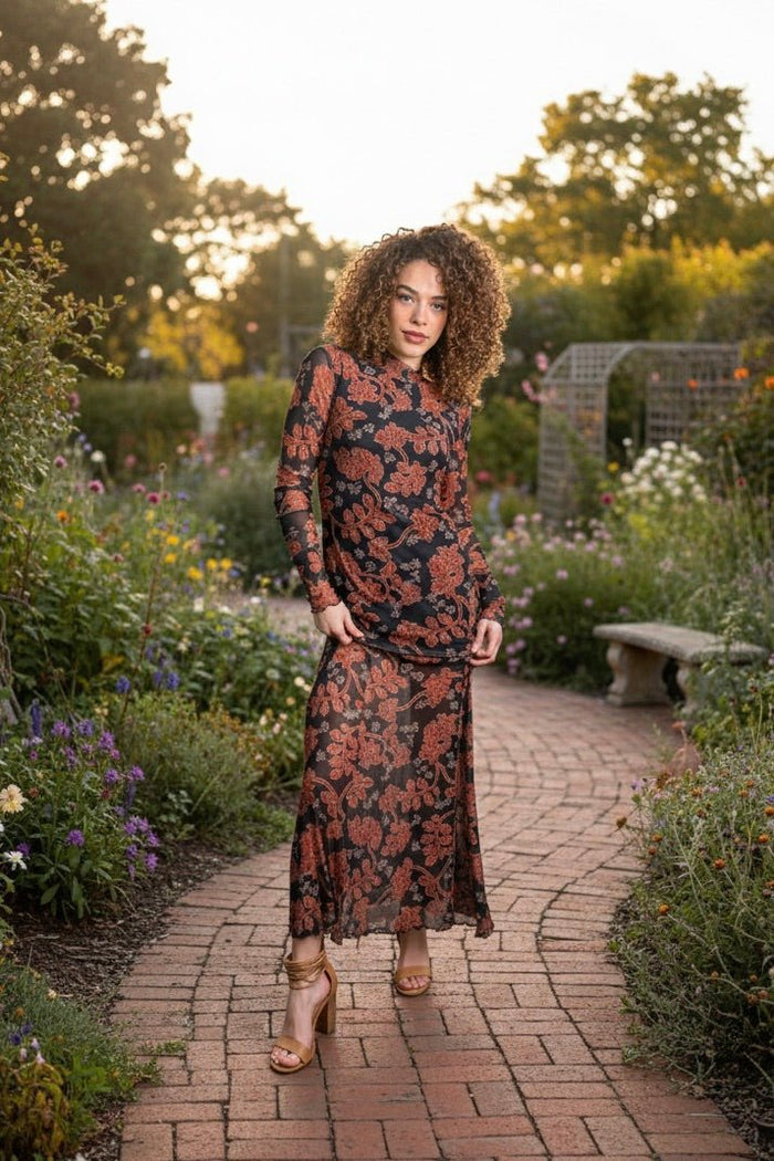 floral maxi dress, mesh maxi dress, wedding guest dress, long sleeve floral dress, fall fashion, mock neck maxi, vintage inspired dress, moody floral print