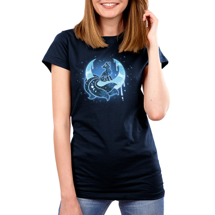 Premium Cotton T-shirt_TeeTurtle navy blue Lunar Kitsune apparel featuring a celestial kitsune perched on the cusp of a crescent moon with its points directed upwards with stars in the background.