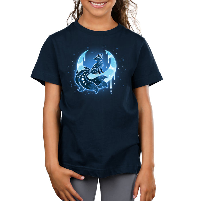 Premium Cotton T-shirt_TeeTurtle navy blue Lunar Kitsune apparel featuring a celestial kitsune perched on the cusp of a crescent moon with its points directed upwards with stars in the background.