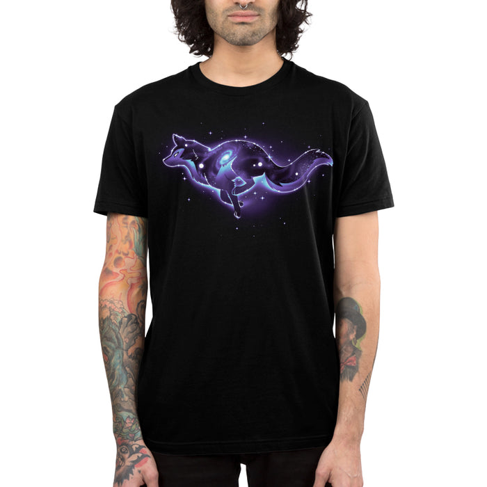 Premium Cotton T-shirt_TeeTurtle Lupine Constellation black t-shirt featuring an outline of a wolf that has a constellation inside of it. The wolf is in space surrounded by stars.