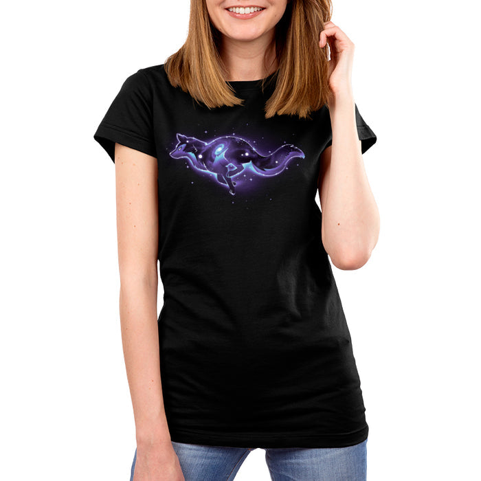 Premium Cotton T-shirt_TeeTurtle Lupine Constellation black t-shirt featuring an outline of a wolf that has a constellation inside of it. The wolf is in space surrounded by stars.